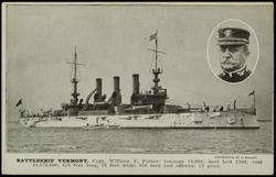 BATTLESHIP VERMONT. Capt. William P. Potter; tonnage 16,000; keel laid 1904; cost $4,179,000; 450 feet long, 76 feet wide; 856 men and officers; 24 guns.