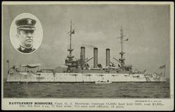 BATTLESHIP MISSOURI. Capt. G. A. Merriam; tonnage 12,500; keel laid 1900; cost $2,885,000; 388 feet long, 72 feet wide; 652 men and officers; 20 guns.
