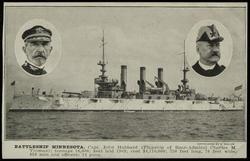 BATTLESHIP MINNESOTA. Capt. John Hubbard (Flagship of Rear-Admiral Charles M. Thomas); tonnage 16,000; keel laid 1903; cost $4,110,000; 750 feet long [actual: 456 feet long], 76 feet wide; 856 men and officers; 24 guns.