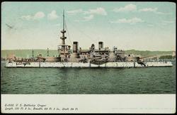 E -1502. U.S. Battleship "Oregon"
Length 351 Ft. 2 In., Breadth, 69 Ft. 3 In., Draft, 24 Ft.