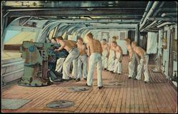 Between Decks. Six-inch gun in action.