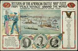 RETURN OF THE AMERICAN BATTLE SHIP FLEET FROM "PEACE VOYAGE" AROUND THE WORLD NUMBER OF MILES COVERED IN VOYAGE 42,227. DEC. 16TH 1907 - FEB. 22ND 1909
