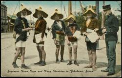 Japanese News Boys and Navy Musician in Yokohama, Japan.
