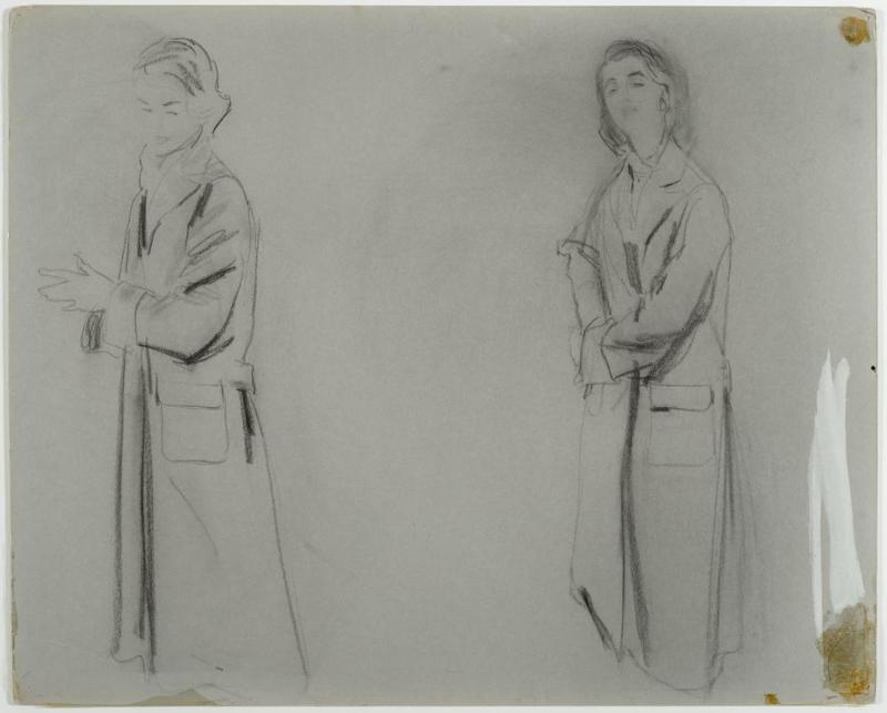 Two sketches of a model wearing a coat
