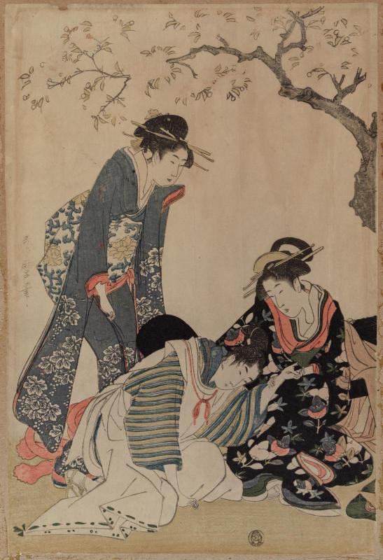 Two Women and a Young Man Under a Cherry Tree; reproduction of: Parody of an Imperial Carriage Scene
