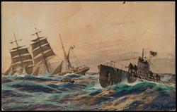 U-BOOT-SPENDE 1917 Prof. Willy Stöwer: Französische Bark wird durch deutsches U-Boot im Atlantic versenkt.