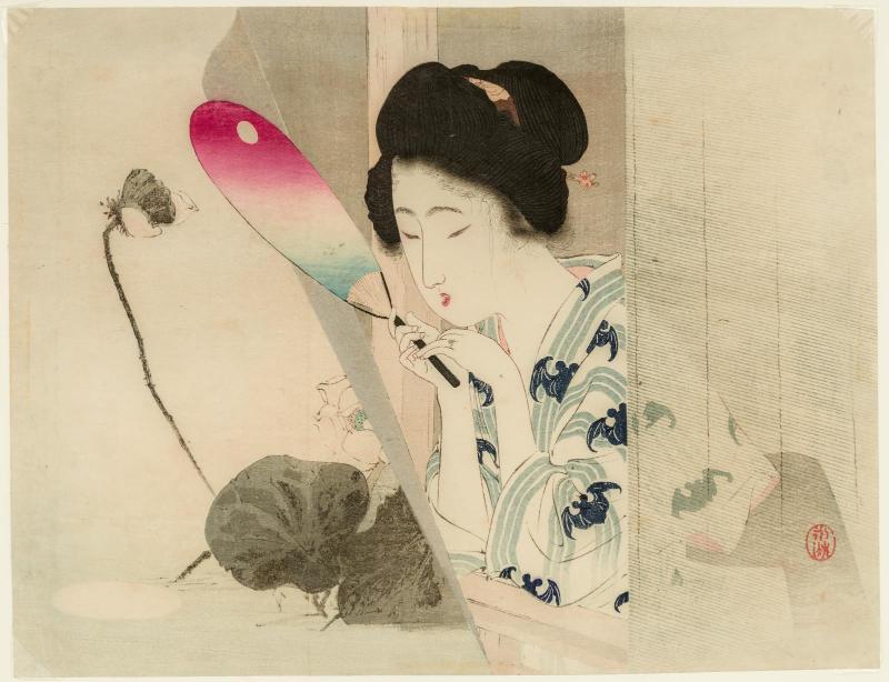 Beauty by a Pond of White Lotus (Hakurenchi mae no bijin), frontispiece illustration from the literary magazine Shincho gekkan, vol. 12