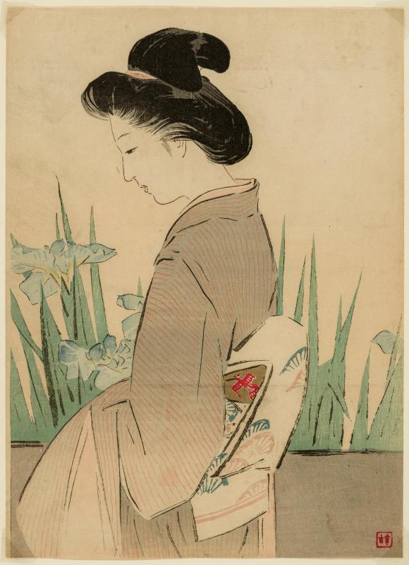 Irises and Bridge (Yatsuhashi), frontispiece illustration from the literary magazine Bungei kurabu, vol. 17, no. 7