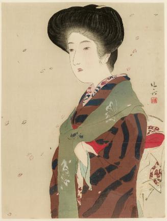 Woman with Falling Cherry Blossoms; frontispiece illustration for the novel Little Snow (Koyuki), vol. 2