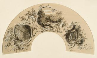 Design for a fan with three scenes from the Nathaniel de Rothschild palace in Vienna
