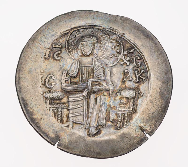 Aspron Trachy (reverse) with Emperor (left) and St. Demetrius (right)
