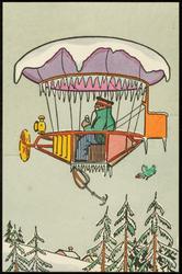Purple airship in winter. Man over snowy pines.