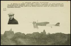 25 GRANDE SEMAINE D'AVIATION. E. Dubonnet sur monoplan "TELLIER", longueur 11m, envergure 11m, surface portante 24mq. Chassis tendu en toile caoutchoutée. Moteur Panhard-Levassor 35 HP pesant 100 kilogs. Poids en ordre de marche pour 6 heures 550 kilogs. Hélice en bois. Stabilité transversale assurée par gauchissement et stablité longitudinale automatique.