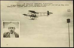 35 GRANDE SEMAINE D'AVIATION. Le biplan Sommer piloté par Crochon, envergure 10m, surface 36mq, poids total 330 kilogs, moteur Gnôme 50 HP. A l'arriére queue n'ayant qu'une surface verticale.