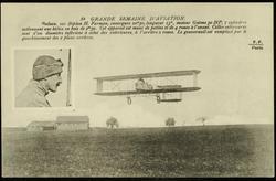 52 GRANDE SEMAINE D'AVIATION. Balsan, sur Biplan H. Farman, envergure 10m 50, longueur 13m, moteur Gnôme 50 HP, 7 cylindres actionnant une hélice en bois de 2m 30. Cet appareil est muni de patins et de 4 roues à l'avant. Celles intérieures sont d'un diamètre à celui des extérieures, à l'arrière 2 roues. Le gouvernail est remplacé par  le gauchissement des 2 plans arrières.