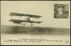 54 GRANDE SEMAINE D'AVIATION. Le biplan Sommer piloté par Frey. envergure 10m, surface 36mq, poids total 330 kilogs, moteur Gnôme 50 HP. A l'arriére queue n'ayant qu'une surface verticale.