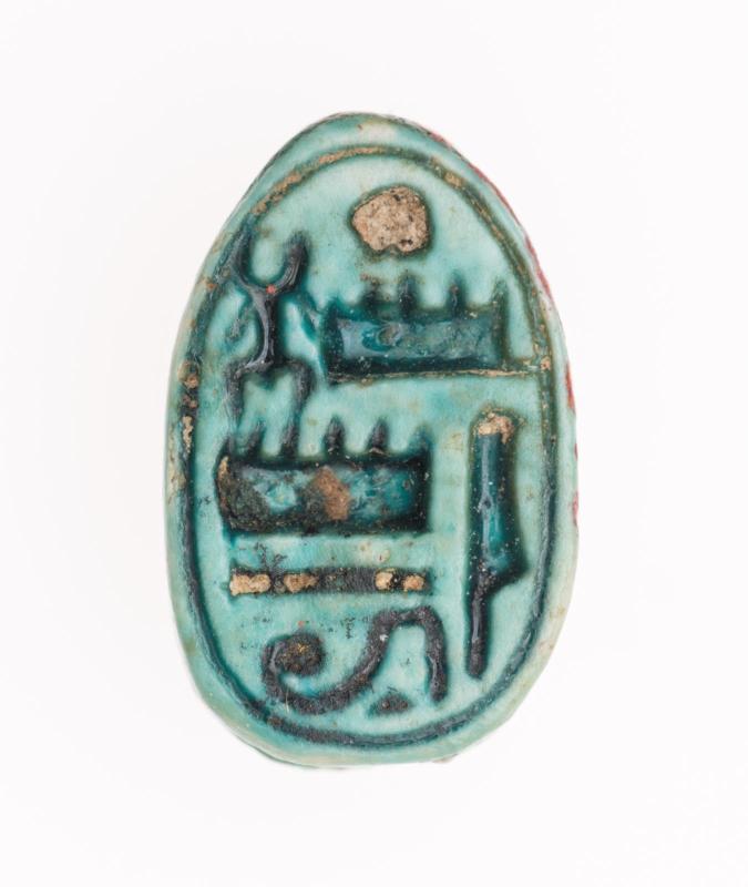 Seal amulet with a carved shrew mouse on the back and the name of Thutmose III, "the image of Amen," inscrbied on the base