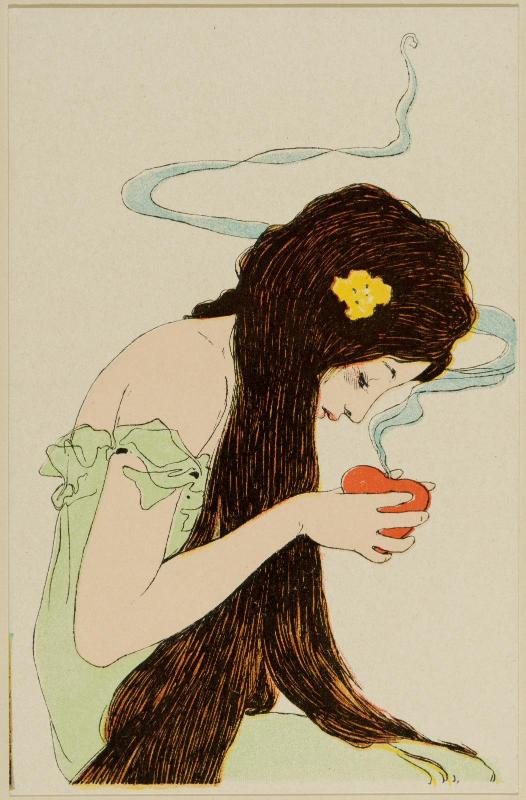 Woman holding a smoking heart, from the series Love Thoughts