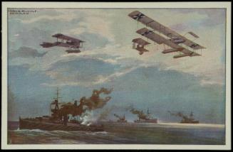 Wasserflugzeuge über der englischen Flotte.
