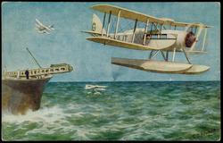D.H. SEAPLANE launched from a catapult on board ship. A few moments after the launch the seaplane is flying at a hundred miles an hour.