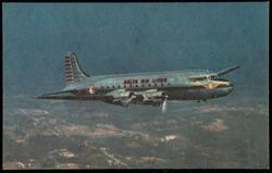 Cruising at 215 miles per hour, this 4-engine Skymaster speeds 44 passengers along Delta routes. The military version (C-54) saw world-wide service; was chosen by Roosevelt, Churchill and DeGaulle for personal use.