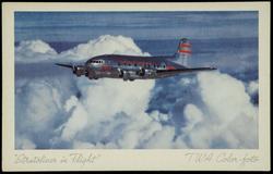 "Stratoliner in Flight" Aboard the largest airplanes in transcontinental service - TWA 4-Engine Stratoliners - passengers enjoy the luxury of supercharged cabins plus unequalled speed and smoothness.