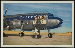 United's efficient ground crews make short work of loading baggage, freight, express, and mail aboard before take-off. Each of United's DC-6 Mainliner 300s carry as much as 5400 pounds of cargo as fast as 300 miles an hour, between major Main Line Airway cities.