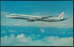 United's Super DC-8's add a new dimension of capacious comfort to jet travel. Nearly forty feet longer than their predecessors, the huge aircraft carry close to 200 passengers on United's nonstop coast-to-coast routes and between California and Hawaii.