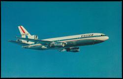 The 18'8" width of United's DC-10 gives 250 passengers living-room comfort on flights of from 300 to 3600 miles. Meals are prepared in a lower-lobe galley. Three GE fanjets provide 117,000 pounds of takeoff thrust. Length: 179'9". Wingspan: 155'4". Tail height: 58'1". Takeoff weight: 410,000 pounds, loaded and fueled (22,000 gallons).