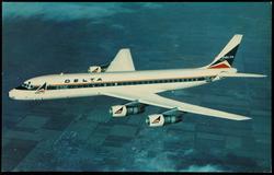 Delta's modern jet fleet includes the Douglas DC-8 FANJET ... carries 135 passengers deluxe and jetourist ... it is quieter, takes off and climbs faster with greater reserve of power.