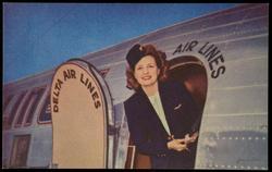 "Welcome Aboard" says this Delta Air Lines stewardess, one of a large staff especially trained to offer every possible courtesy and provide real Southern hospitality in the sky.