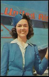 A charming stewardess greets you as you board your Mainliner. She is one of approximately 250 stewardesses on United, which originated this service idea in 1930.