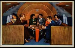 SKY LOUNGE in a DC-6 Deltaliner has the luxurious appointments of an intimate club. Congenial groups gather here while the 56-passenger giant airliner flies them at 300 miles an hour between Chicago, Cincinnati, Atlanta, Jacksonville, Miami, New Orleans and Dallas.