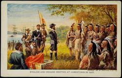 ENGLISH AND INDIANS MEETING AT JAMESTOWN IN 1607.