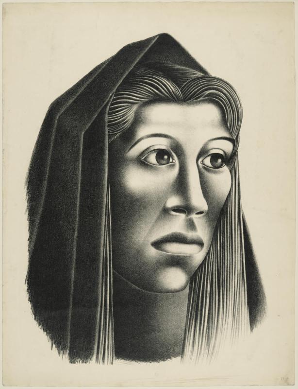 Head of a woman, wearing a veil, turned to the right