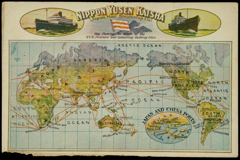 Nippon Yusen Kaisha (Japan Mail Steamship Co.) Map Showing the Route of the N.Y.K. Steamers and Connecting Railway LInes