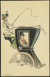 Woman driving carriage with a man inside.