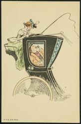Woman driving carriage with a man inside, staring at each other.