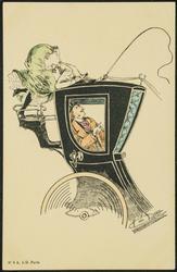 Woman driving carriage with a man inside, climbing in through a hole in the roof.