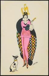 Woman in pink with checkered cloak and small dog.