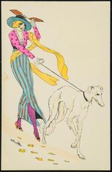 Woman in pink with blue striped skirt, yellow scarf and large dog.