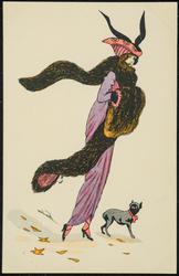 Woman in purple with fur accessories and a small dog.