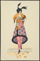 Woman in purple with pink pants/culottes.