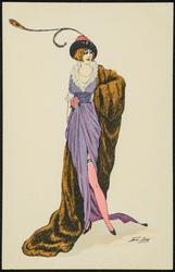 Woman in purple with pink tights and a fur cloak.