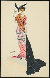 Woman in pink, orange and white with a black cloak.