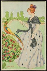 Woman in pink and black gown with a fancy bird.