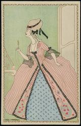 Woman in pink and blue gown with eyeglasses.