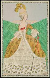 Woman in gold and white gown with walking stick.