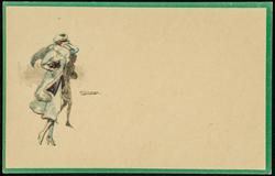 Fashion postcard of woman walking in the wind.