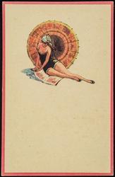 Fashion postcard of woman sunbathing with an umbrella.